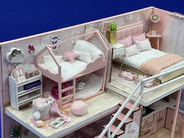 Miniature Family with Children Two-Floor Home